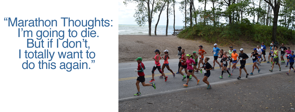 Racers on the beach road at the Erie Marathon on Presque Isle State Park enjoy the sweeping views of Lake Erie beaches.